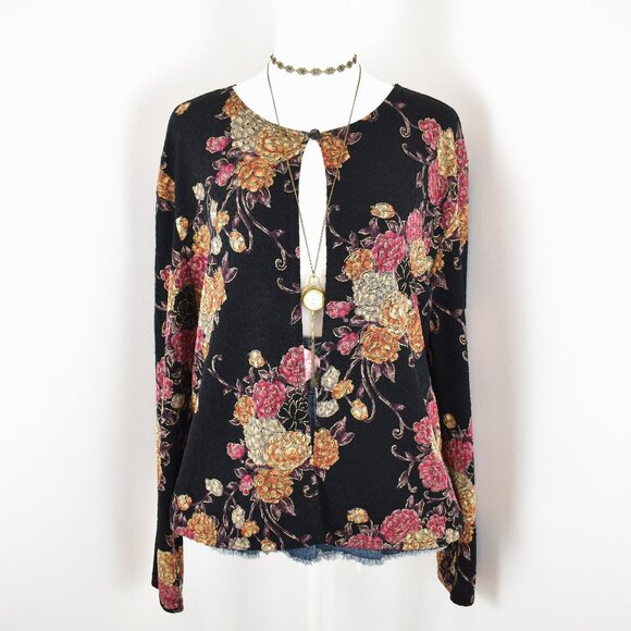 VTG 00s Y2K MSK Black Colorful Gold Floral Single Closure Long Sleeve Cardigan - Picture 1 of 5
